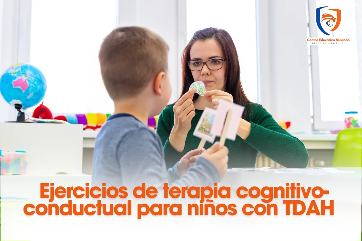 Especialista en psicología guiando ejercicios cognitivo-conductuales y de regulación emocional para un niño con TDAH