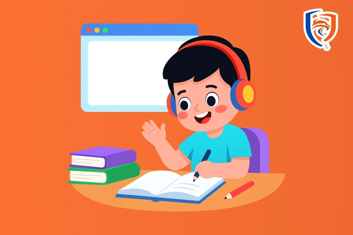Estudiante interactuando con su maestra y compañeros en una clase virtual interactiva y organizada
